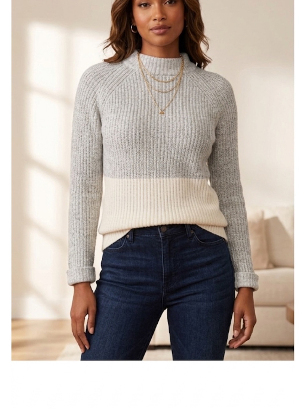 -Chico’s Festival Ready Classic Mock‎ neck Sweater Metallic Silver and Cream